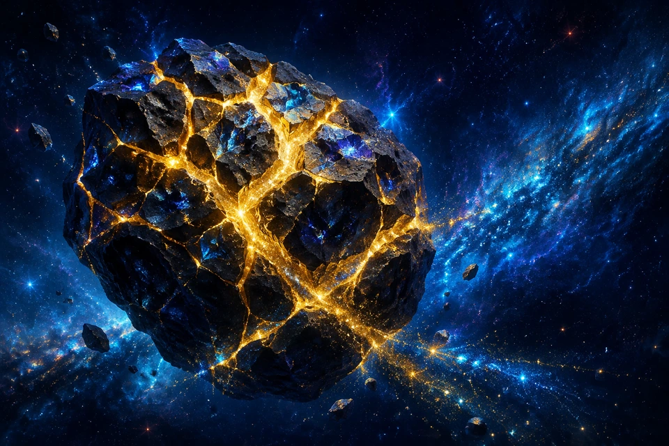 A fractured asteroid repaired by radiant gold starlight