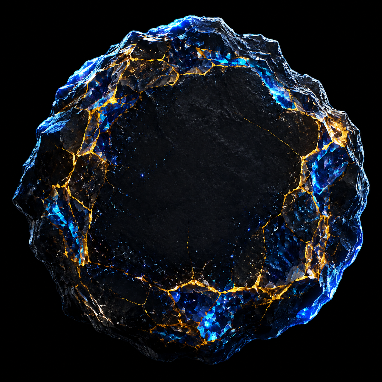 A fractured meteorite glowing with gold and ultramarine starlight